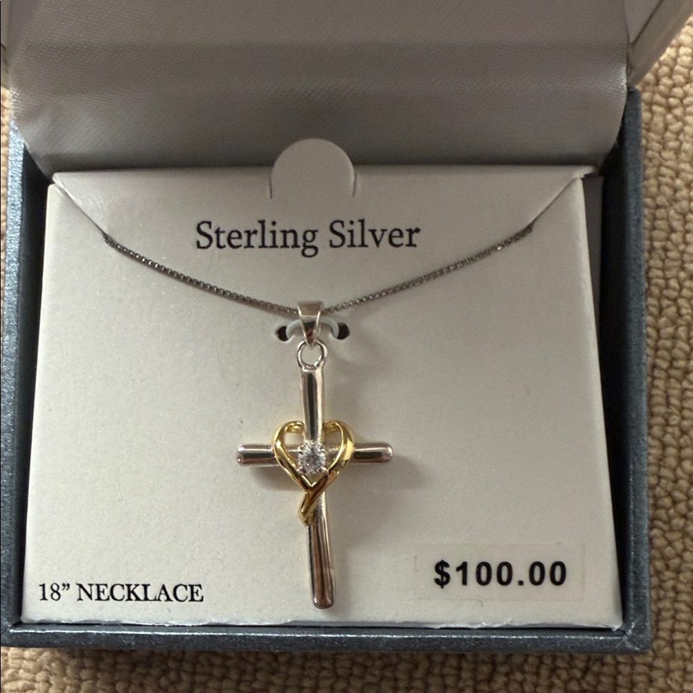 Sterling Silver Cross Necklace with Gold Accents